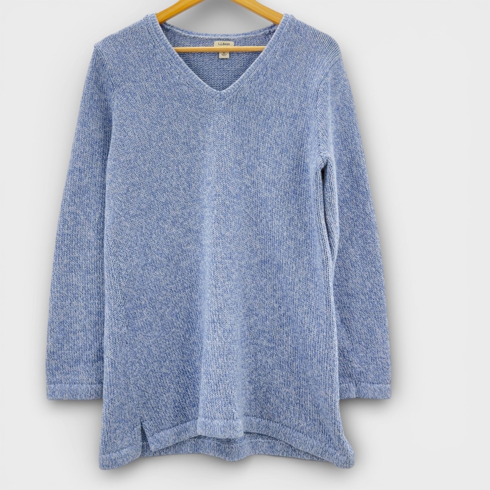 L.L.Bean Womens L Blue 100% Cotton V Neck Knit Sweater Tunic New England Stapel